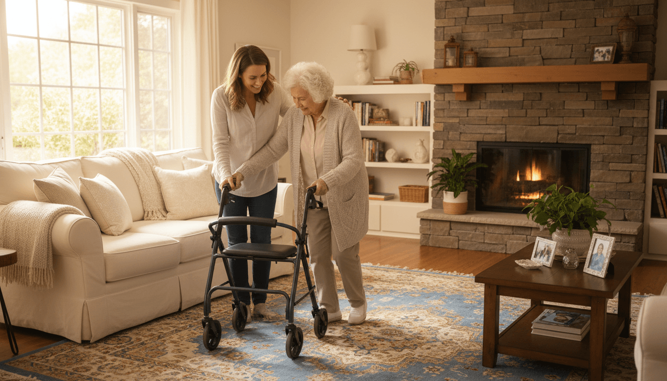Caregiver warmly helping senior woman walk in bright cozy living room