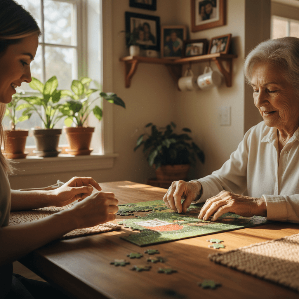 Compassionate caregiver supporting a happy senior woman in her cozy living room